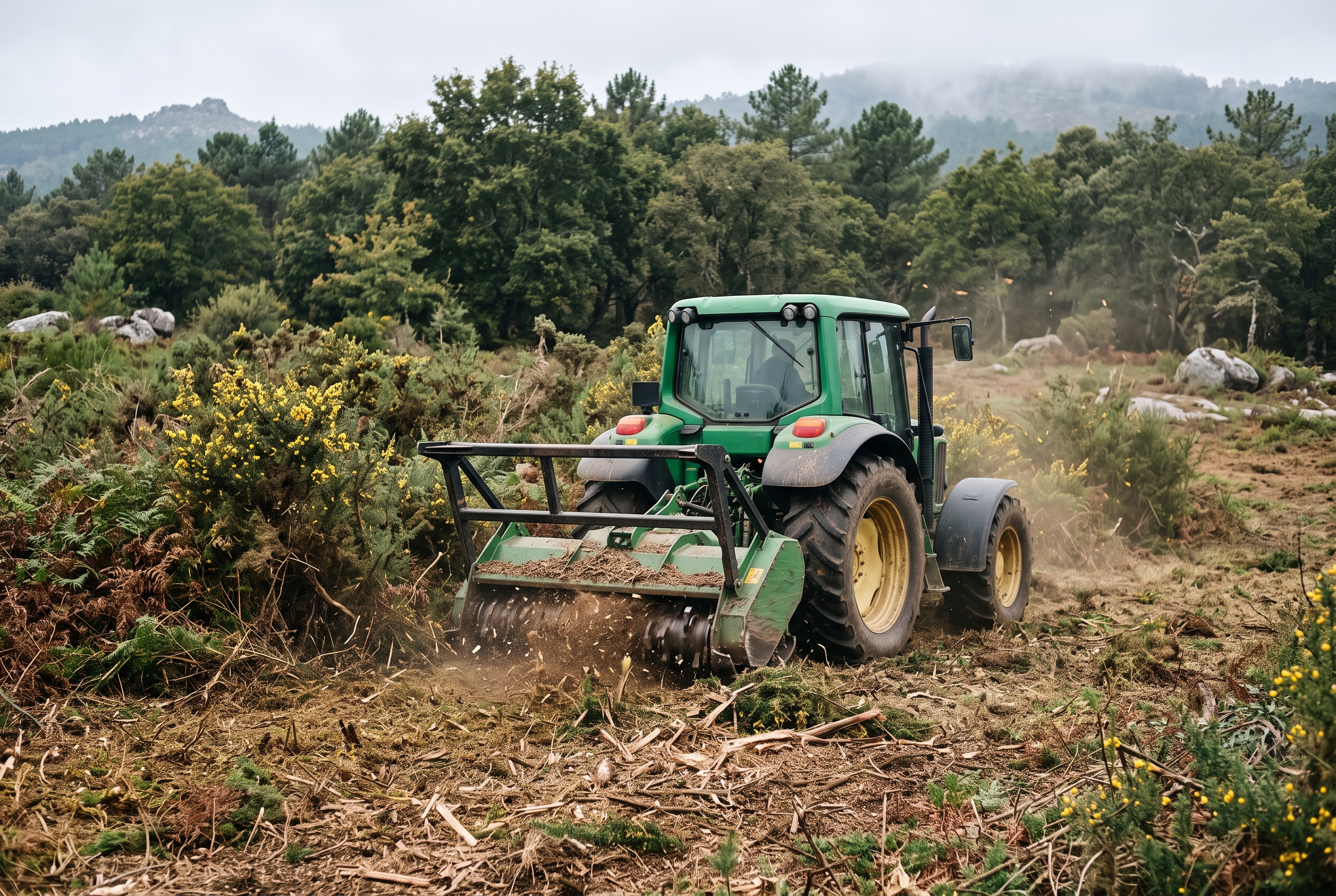 Tractor con desbrozadora forestal triturando matorral